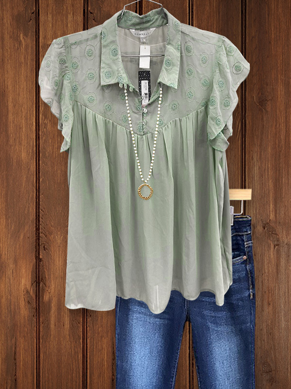 Women's top | Casual Lapel Lace Panel Top |Website-shopcharmingrose