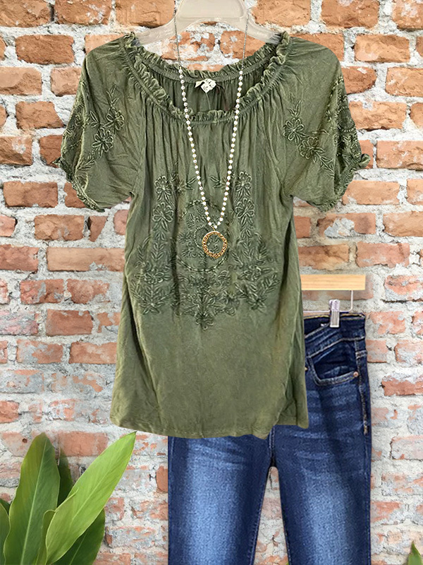Women's top | Retro Casual Jacquard Short-Sleeved Top |Website-shopcharmingrose