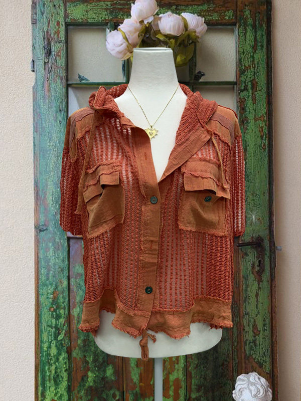 Retro Hollow Stitching Short-Sleeved Top