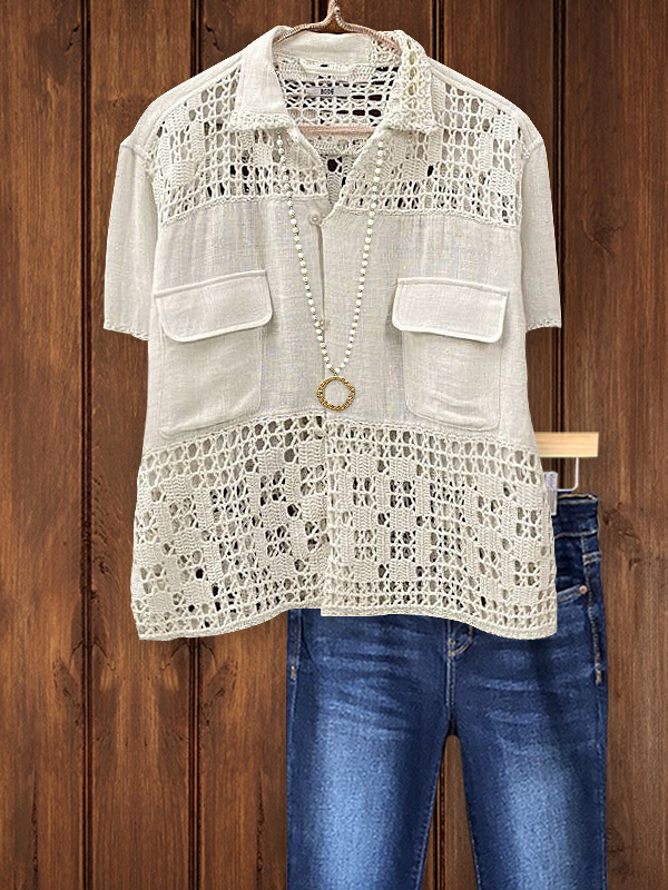 Women's top | Casual Cotton And Linen Stitching Crochet Short-Sleeved Top |Website-shopcharmingrose