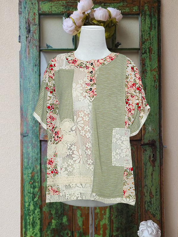 Women's top | Casual Retro Printed Lace Short Sleeve Top |Website-shopcharmingrose