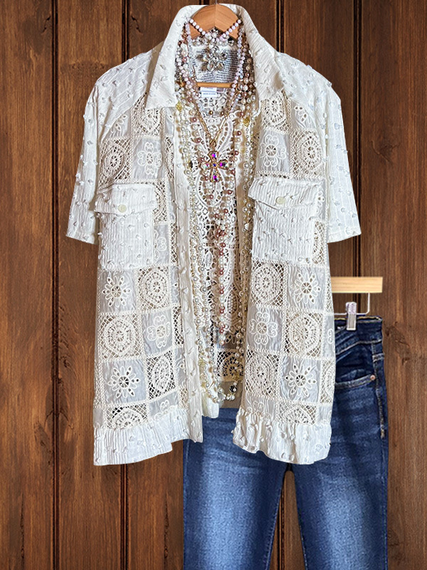 Women's top | Casual Elegant Lace Panel Short Sleeve Top |Website-shopcharmingrose