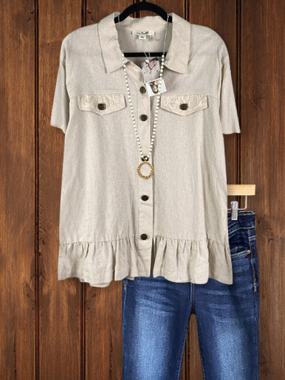 Casual Cotton And Linen Top With Right Lapel
