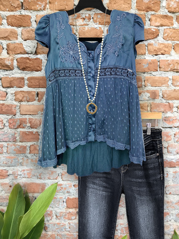 Women's top | Vintage Embroidered Lace Patchwork Short-Sleeved Top |Website-shopcharmingrose