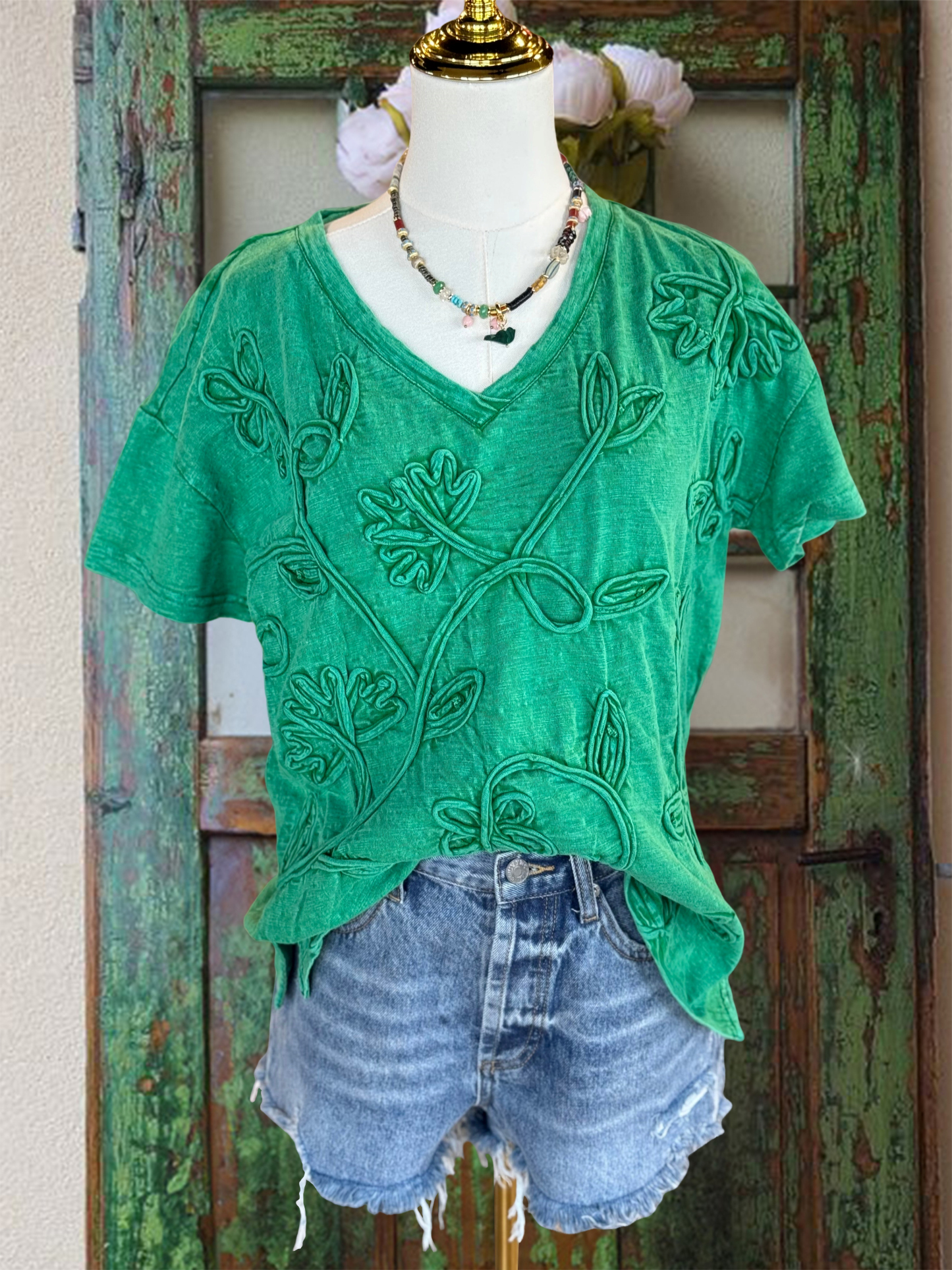 Women's top | Casual Floral Textured Fabric Short Sleeve Top |Website-shopcharmingrose