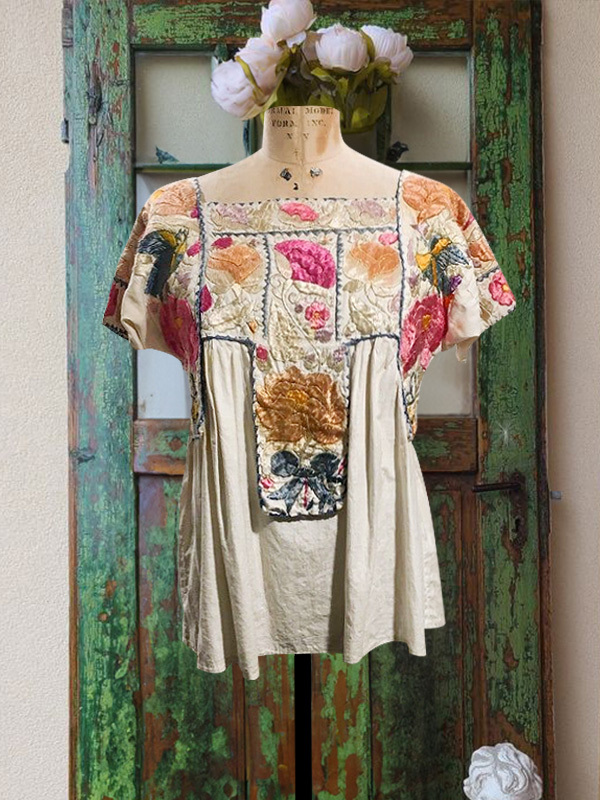 Women's top | Retro Floral Patchwork Short-Sleeved Top |Website-shopcharmingrose