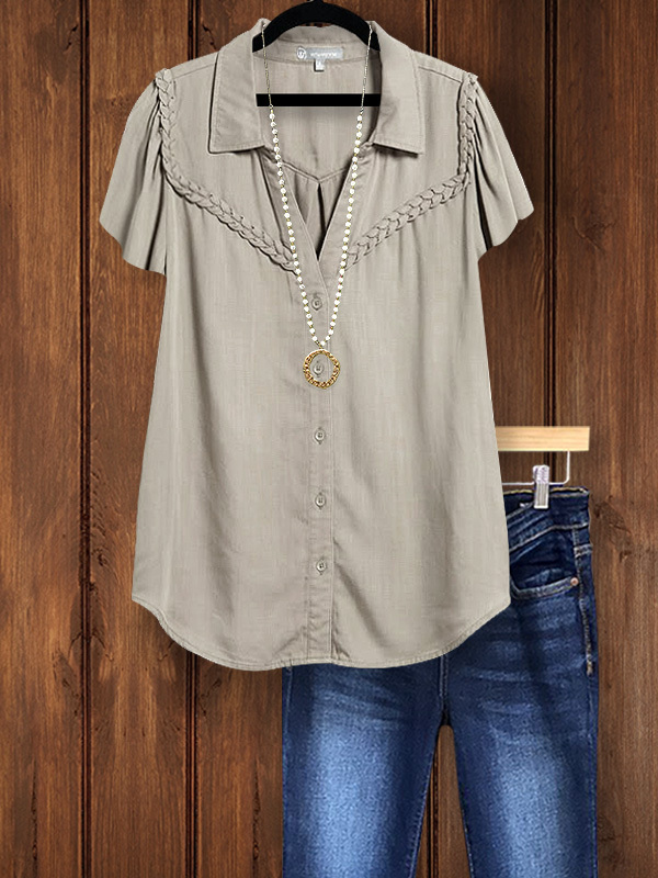 Women's top | Casual Ruffled Short-Sleeved Lapel Top |Website-shopcharmingrose