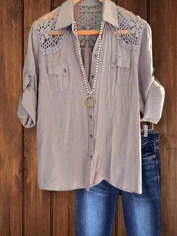 Women's top | Casual Hollow Stitching Lapel Top |Website-shopcharmingrose