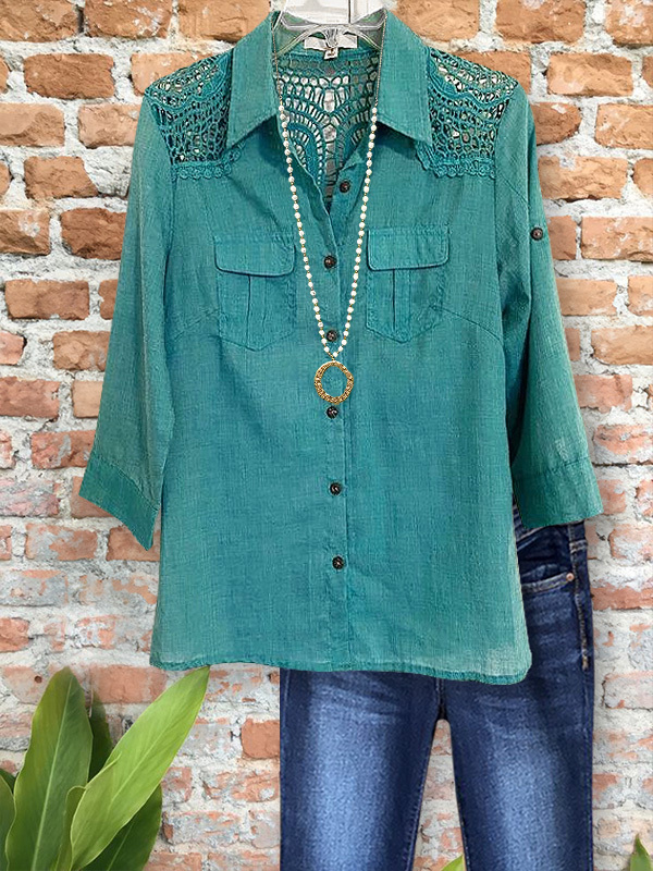 Women's top | Vintage Hollow Stitching Lapel Top |Website-shopcharmingrose