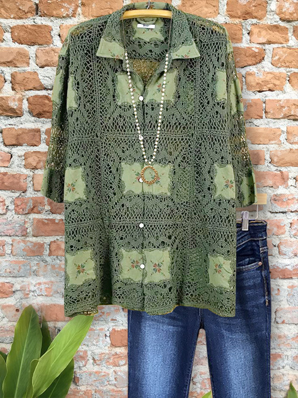 Women's top | Vintage Casual Crochet Lapel Top |Website-shopcharmingrose