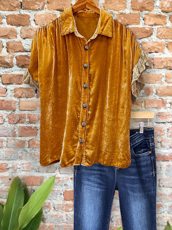 Women's top | Vintage Ruffled Short Sleeve Velvet Lapel Top |Website-shopcharmingrose