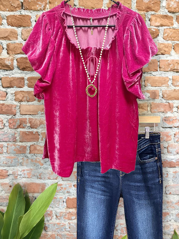 Women's top | Vintage Ruffled Short-Sleeved Velvet Top |Website-shopcharmingrose