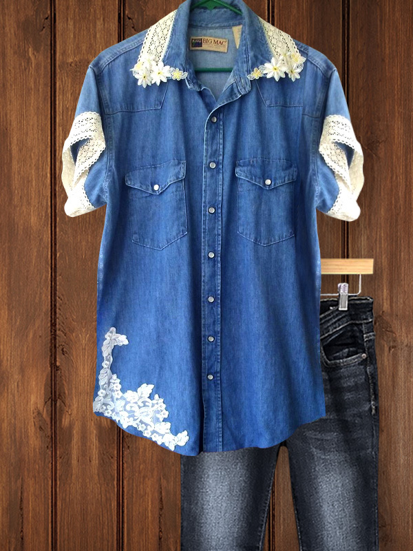 Women's top | Casual Lace Panel Denim Short-Sleeved Top |Website-shopcharmingrose