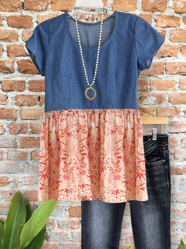 Women's top | Casual Floral Patchwork Denim Short-Sleeved Top |Website-shopcharmingrose