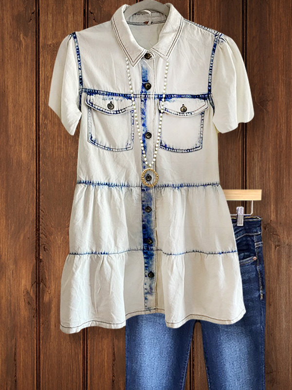 Women's top | Retro Casual Double Pocket Short Sleeve Top |Website-shopcharmingrose