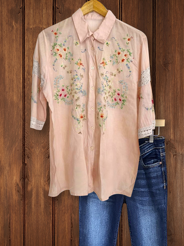 Women's top | Casual Elegant Embroidery Panel Lace Top |Website-shopcharmingrose