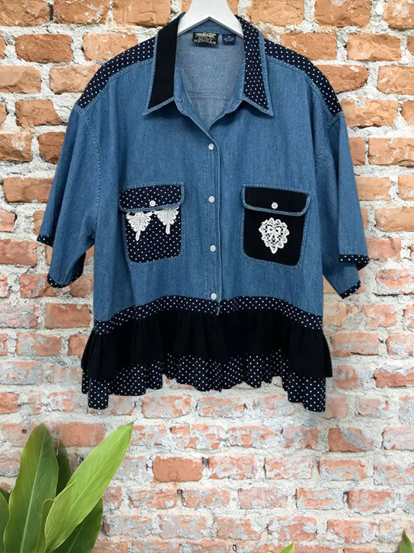 Women's top | Vintage Ruffle Stitching Double Pocket Top |Website-shopcharmingrose
