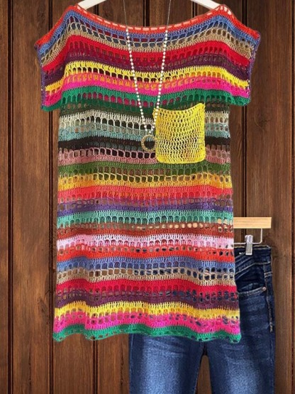 Casual Colorful Hollow Short-Sleeved Top