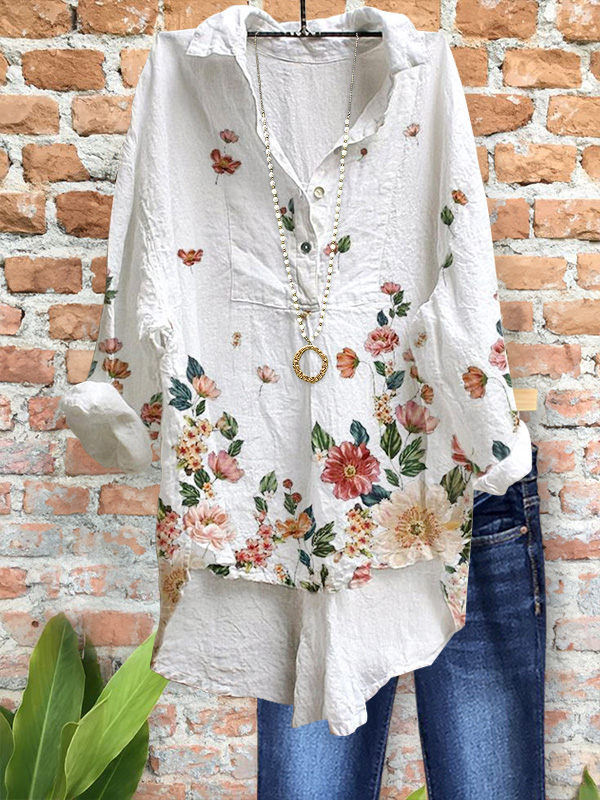 Casual Lapel Cotton And Linen Floral Print Top