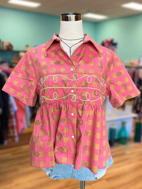 Women's top | Retro Casual Print Short-Sleeved Top |Website-shopcharmingrose