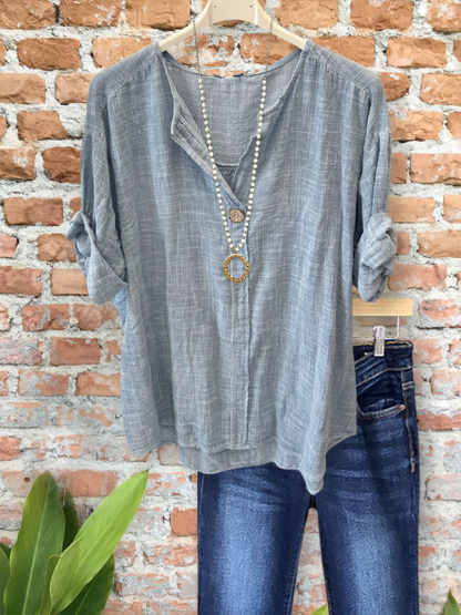 Casual Cotton And Linen V-Neck Mid-Sleeve Top