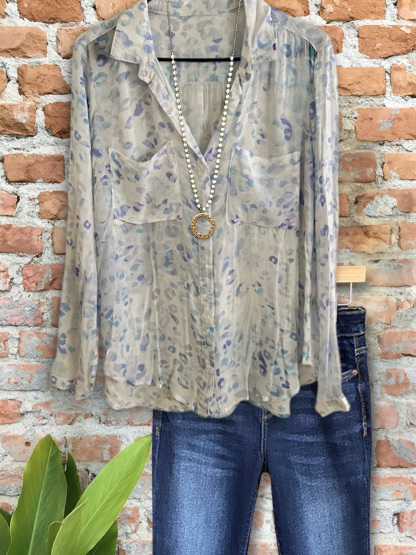 Casual Leopard Print Lapel Double Pocket Top