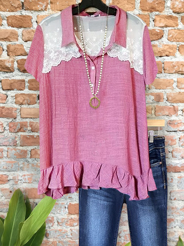 Women's top | Casual Lace Panel Ruffle Short Sleeve Top |Website-shopcharmingrose