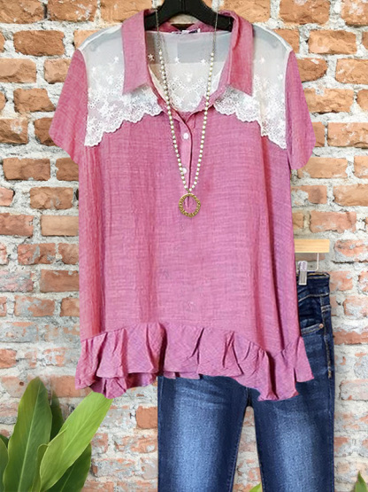 Casual Lace Panel Ruffle Short Sleeve Top