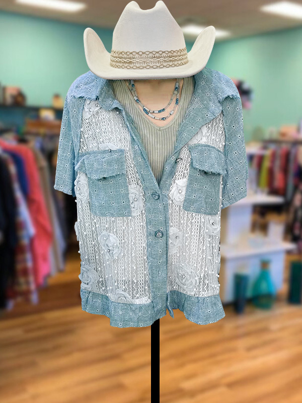 Women's top | Casual Hollow Stitching Denim Short-Sleeved Top |Website-shopcharmingrose