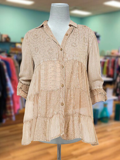 Casual Retro Embroidery Patchwork Top