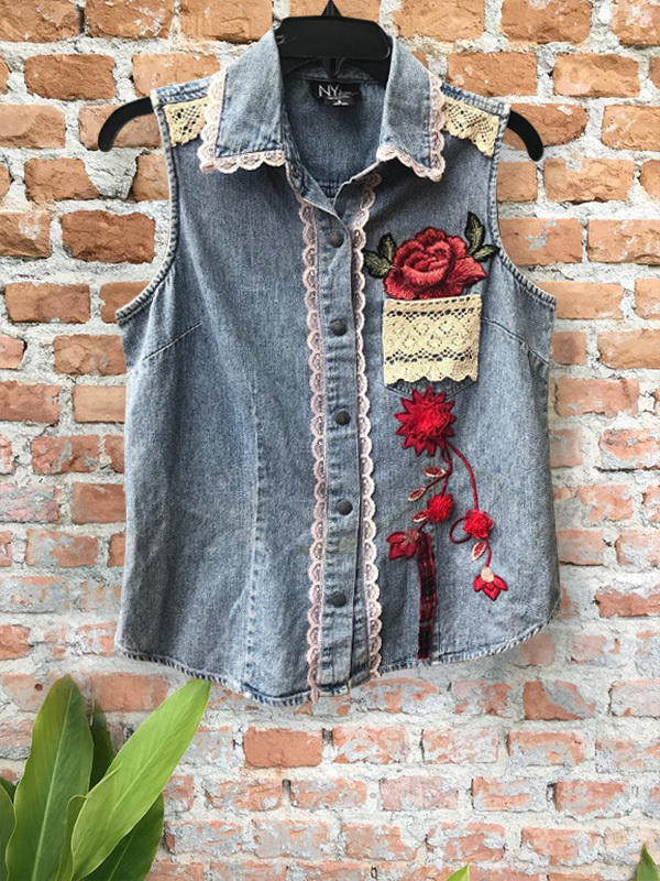 Women's top | Vintage Lace Patchwork Rose Denim Vest |Website-shopcharmingrose