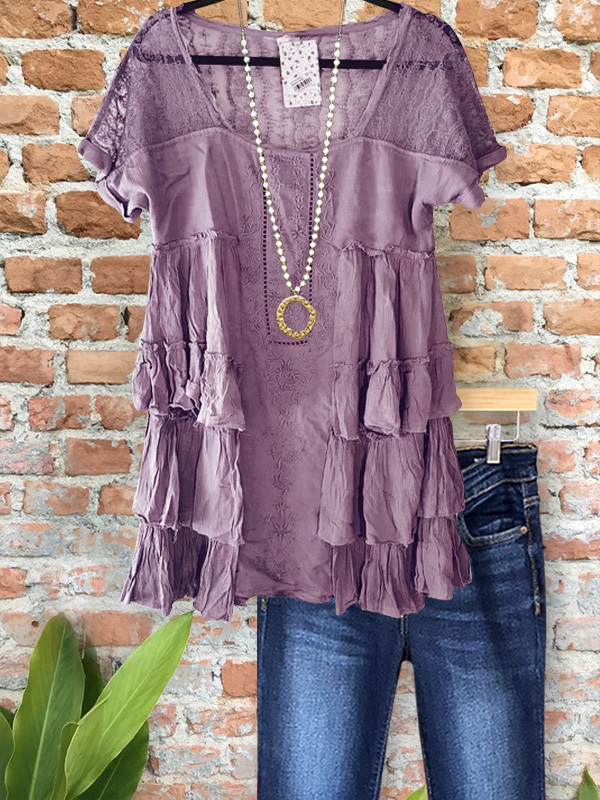 Women's top | Casual Elegant Lace Stitching Ruffle Top |Website-shopcharmingrose