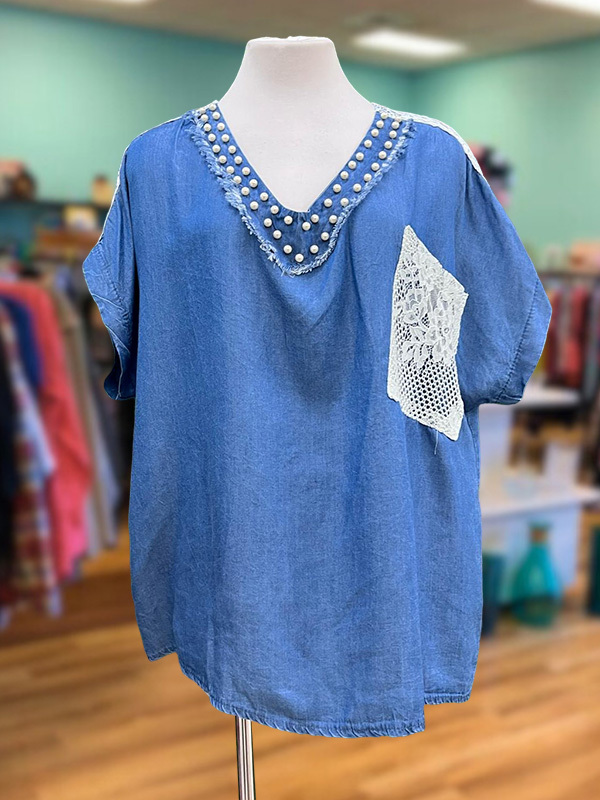 Women's top | Casual Denim Pearl Lace Panel Top |Website-shopcharmingrose