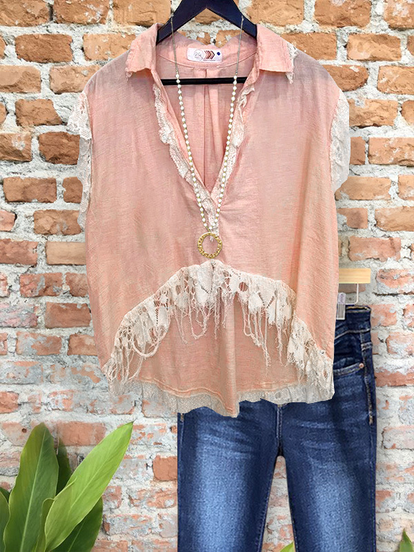 Women's top | Casual Lace Panel Lapel Top |Website-shopcharmingrose
