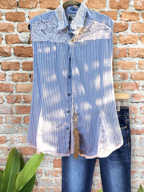 Women's top | Casual Lace Panel Striped Vest Top |Website-shopcharmingrose