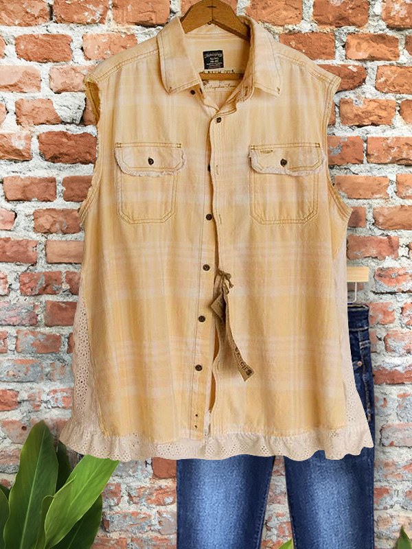 Casual Plaid Panel Lace Vest Top