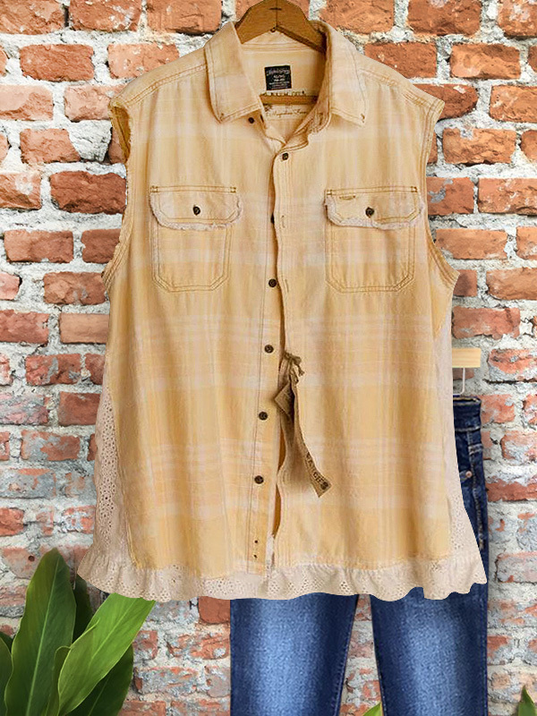 Women's top | Casual Plaid Panel Lace Vest Top |Website-shopcharmingrose