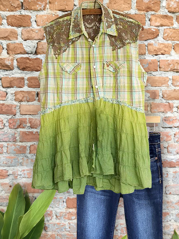 Women's top | Casual Lace Check Gradient Ruffle Top |Website-shopcharmingrose