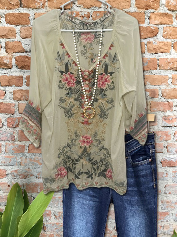 Elegant Floral Embroidered Panel Top