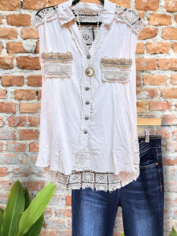Casual Lace Panel Raw Edge Vest Top