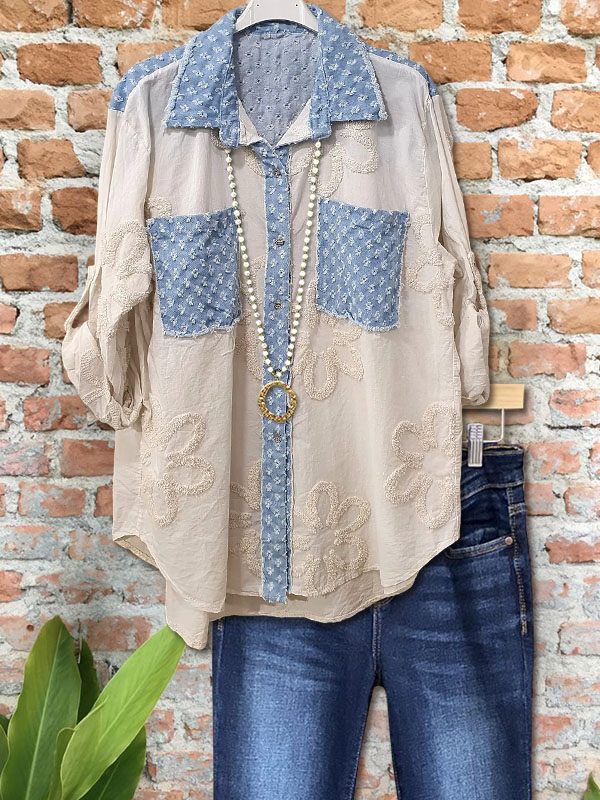 Casual Denim Patchwork Double Pocket Shirt