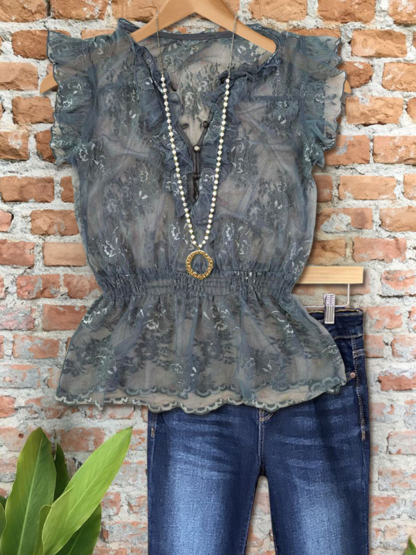 Elegant Floral Lace Ruffle Short Sleeve Top
