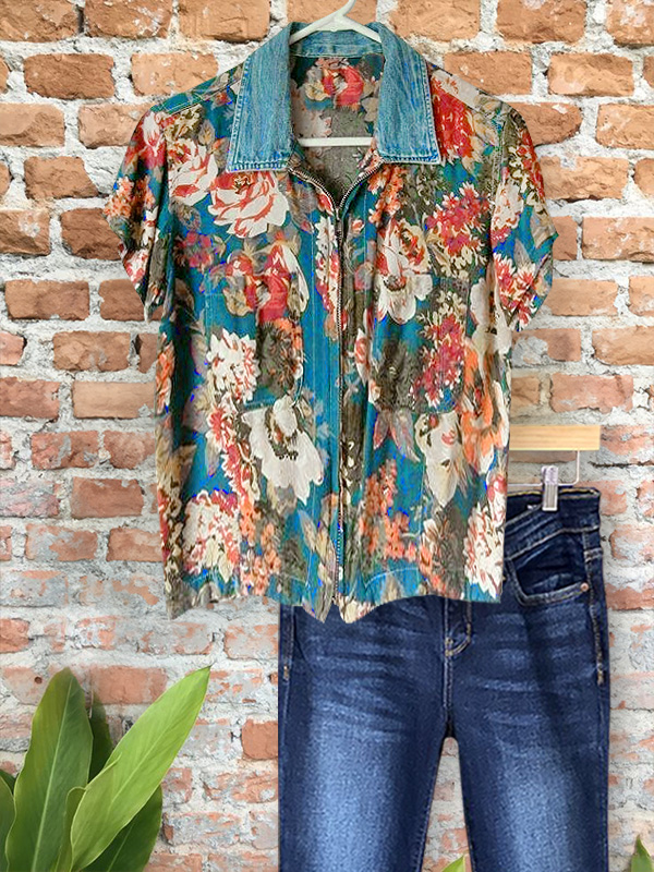Vintage Floral Print Denim Short-Sleeved Top
