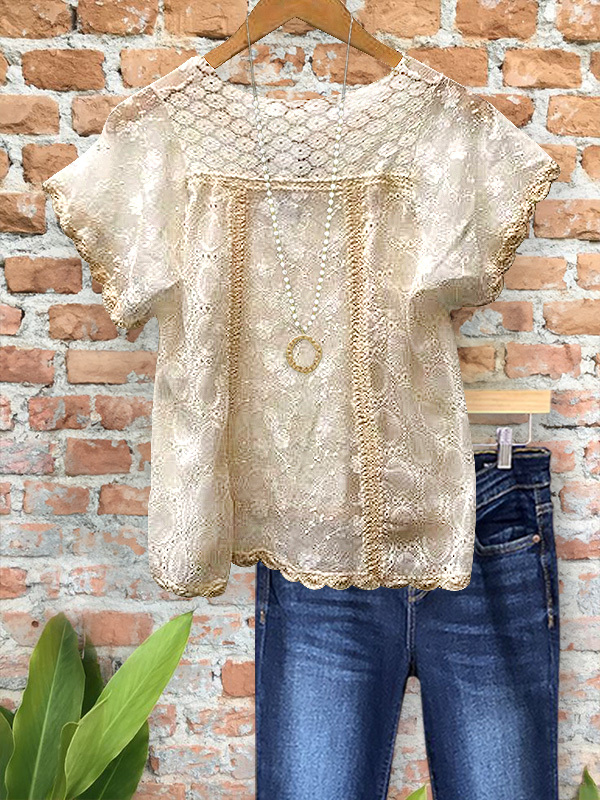 Women's top | Elegant Lace Panel Short-Sleeved Top |Website-shopcharmingrose