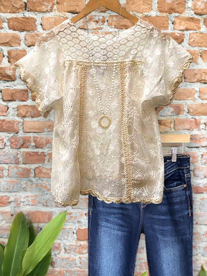 Elegant Lace Panel Short-Sleeved Top