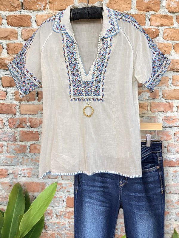 Women's top | Vacation Cotton And Linen Lapel Short-Sleeved Shirt |Website-shopcharmingrose