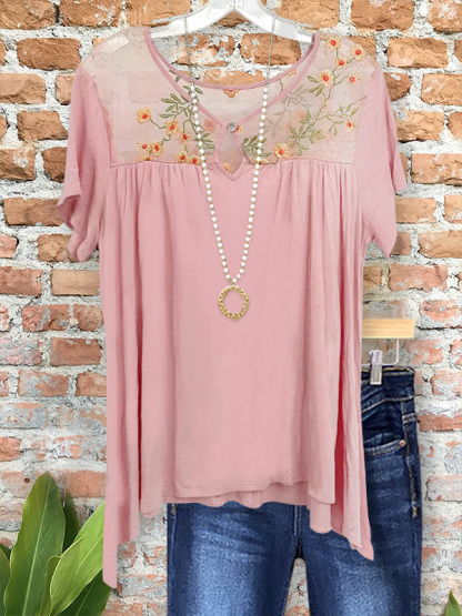 Elegant Floral Embroidered Short-Sleeved Top