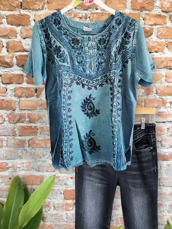Indian Embroidered Floral Button Denim Top
