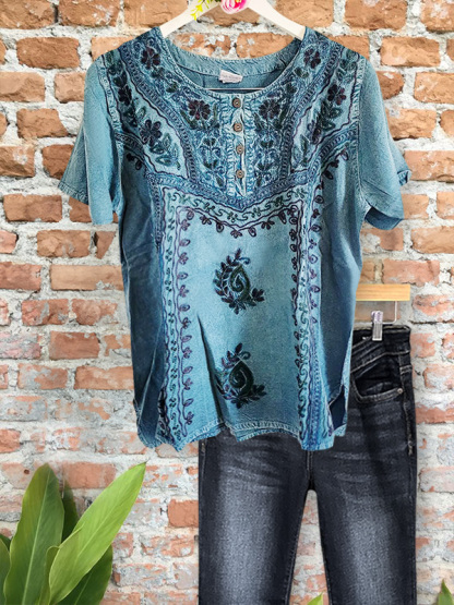 Indian Embroidered Floral Button Denim Top