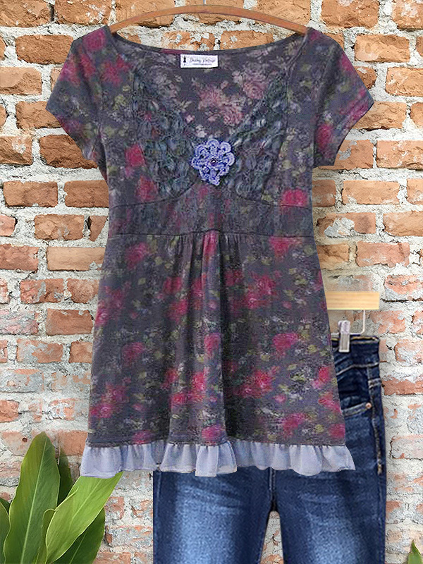 Women's top | Floral Patchwork Ruffle Waist Top |Website-shopcharmingrose